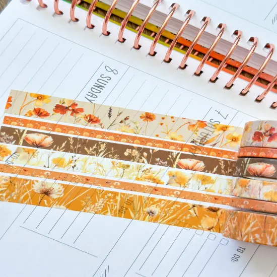 Fall Wildflowers Tan Orange Brown Boho Washi Tape Set September 2024 - W116 {6}