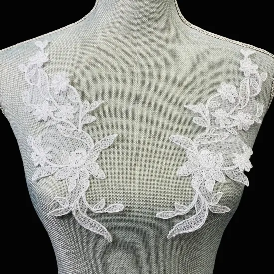 1 Pair Corded Floral Applique for Bridal, Christening & Flower Girl Dresses 11" x 3" Each Side White with Silver {4}