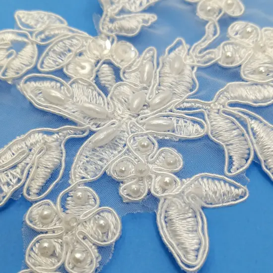 1 Pair Beaded & Corded Floral Lace Applique Embroidered on 100% Polyester Organza 13" x 4" Each Side Ivory /Gold {2}