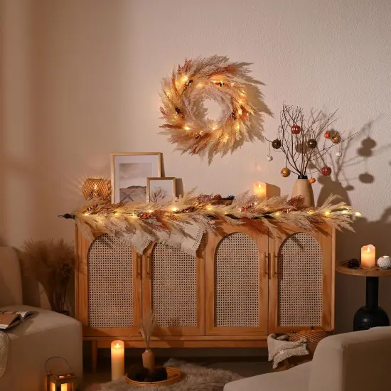 Fall Garland with Lights, 6ft Artificial Faux Pampass Grass {4}