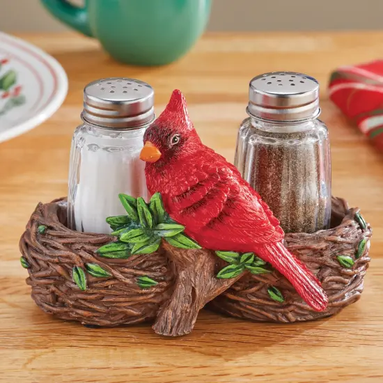 Collections Etc Hand-Painted Cardinal Nest Salt & Pepper Shaker 3-Piece Set {1}