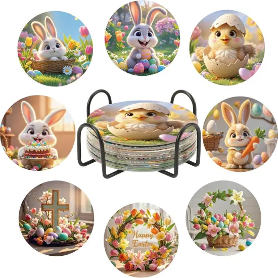 8 Pieces Easter Diamond Art Coasters,Bunnies Diamond Art Coaster for Adults Diamond Kits Supplies for Spring Easter Gift {1}