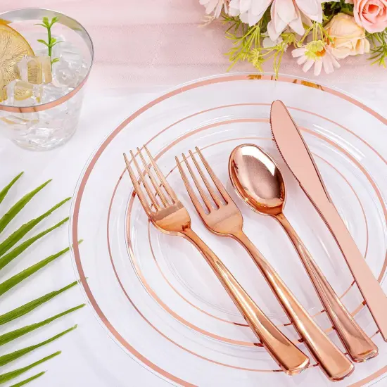 300PCS Clear Rose Gold Plastic Dinnerware - Rose Gold Disposable Dinnerware Set Include 50 Dinner Plates,50 Dessert Plates,50 Knives,50 Forks,50 Spoons,50 Cups for Party, Wedding & Mother&rsquo;s Day {5}