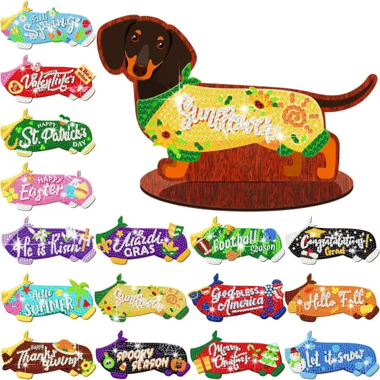 16 Pcs Magnetic Dachshund Diamond Art Magnets Interchangeable Seasonal Dog Diamond Painting Magnets Kits Holiday Spring Summer Wooden Table Decorations for Tabletop DIY Tiered Tray Decor {1}