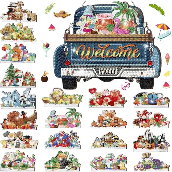 21 Pcs Interchangeable Diamond Painting Welcome Sign for Front Door Diamond Painting Truck Decor Interchangeable Seasonal Welcome Sign for DIY Art Kit Wall Window Door Farmhouse {1}