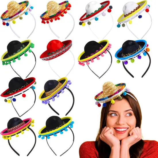 12 Pcs Cinco De Mayo Sombrero Headband Hats Bulk Mini Hat Headband with Fiesta Fabric Mexican Theme Decorations(Stylish) {1}