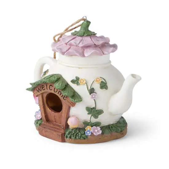 Whimsical Teapot Fairy House Birdhouse – 8" Resin Garden Décor {2}