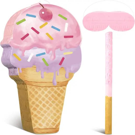 Pink Ice Cream Pi&ntilde;ata Cute Dessert Cone Shaped Pi&ntilde;ata with Stick Blindfold for Ice Cream Candy Birthday Party Summer Baby Shower Wedding Party Supplies Decor, {1}
