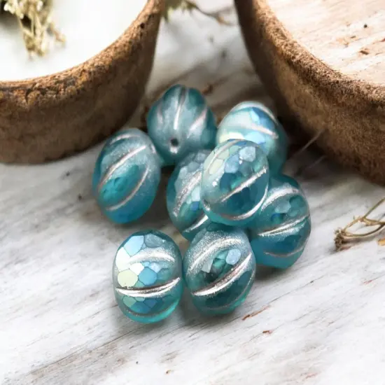 *12* 10mm Metallic Beige Washed Matte Teal AB Faceted Round Melon Beads {2}