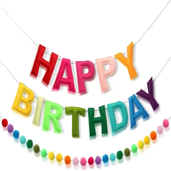 Happy Birthday Banner - Rainbow Color Felt Ball Garland, Personalized Sign {1}