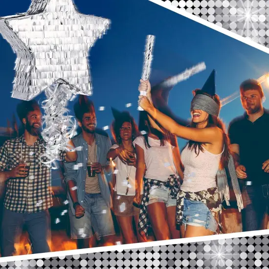 Disco Ball Small Pi&ntilde;ata with Stick Blindfold and Confetti, Silver Foil Pi&ntilde;atas for Birthday Party Kids Adults Retro Birthday Game Party Decorations Supplies(Star) {4}