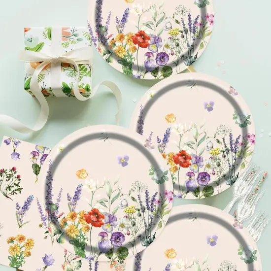 75pcs Floral Disposable Tableware Set, Spring Floral Paper Party Supplies Plates Napkins Wildflower Dinnerware Favors for Baby Shower Girls Women Birthday Tea Picnic Serve 25 Guests {4}