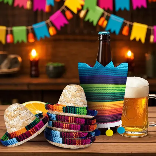 6 Set Mexico Mini Sombrero Hats and Beer Poncho, Cinco De Mayo Mini Sombrero and Serape with Tiny Balls, Mexican Style Bottle Covers for Carnival Themed Party Decorations {4}