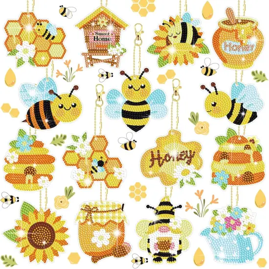 15 Pcs Bee DIY 5D Diamond Painting Keychain Spring Nature Full Drill Making Key Chains Key Ring Diamond Art Keychains Pendant DIY Diamond Accessories for Spring Summer Easter Decor {1}