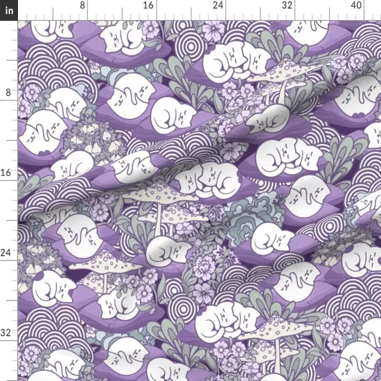 Various Fabrics by the Yard or Fat Quarter Sleeping Cats Whimsical Purple Gray Toadstools Kawaii Kittens Custom Printed Fabric by Spoonflower {1}