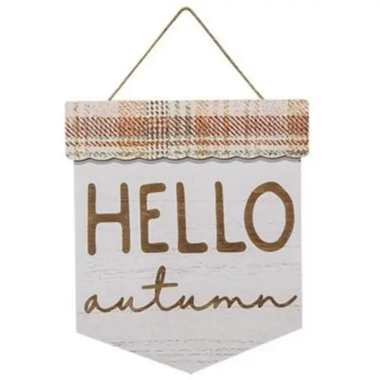Wooden Pennant Sign with Jute Rope Wall Hanging Decor Hello Autumn Plaid {1}