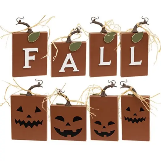 Reversible Fall Pumpkin Blocks &ndash; Set of 4 Wooden D&eacute;cor Pieces with 'FALL' Letters & Jack-o-Lantern Faces {1}