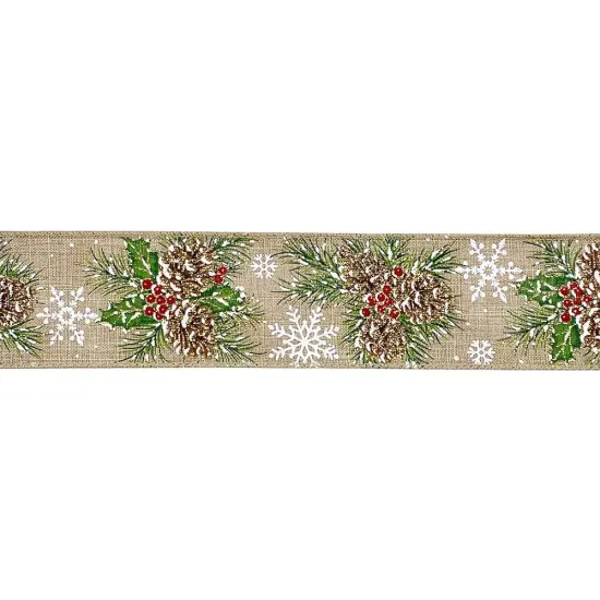 Designer&rsquo;s Shop WR 63-5214 Holiday Pinecone & Snowflake Wired Edge Ribbon &ndash; 2.5" x 10 Yards Ribbon with Glitter, Red Berries, and Evergreen Sprigs {4}