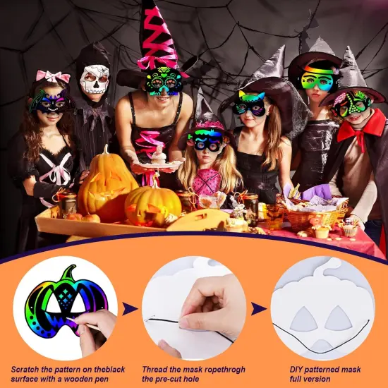 32Pcs Halloween Crafts for Kids Rainbow Scratch Mask {5}