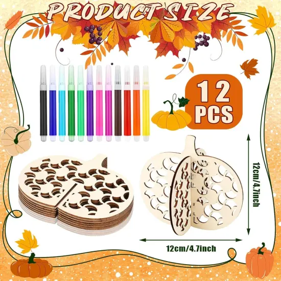 48 Pcs Fall Craft Set 36 Wood Pumpkin Crafts 3D Pumpkin Cutouts with 12 Colored Markers {2}