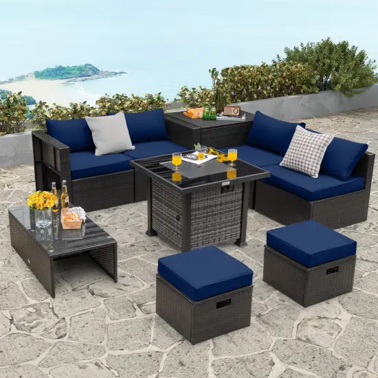 Outdoor 9 Pieces Patio Furniture Set with 50 000 BTU Propane Fire Pit Table Navy {2}