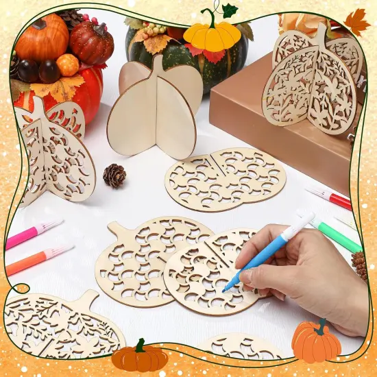 48 Pcs Fall Craft Set 36 Wood Pumpkin Crafts 3D Pumpkin Cutouts with 12 Colored Markers {3}