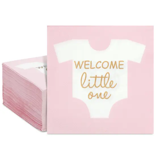 100-Pack “Welcome Little One” Baby Shower Napkins for Boys, Gold Foil Gender Reveal Decorations, Light Pink (5x5 In) {1}