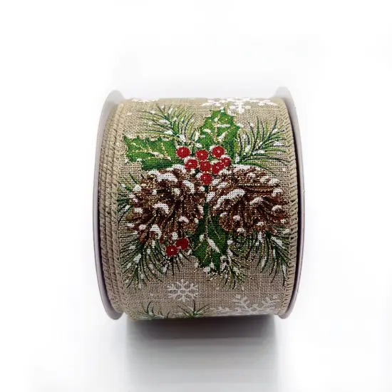 Designer&rsquo;s Shop WR 63-5214 Holiday Pinecone & Snowflake Wired Edge Ribbon &ndash; 2.5" x 10 Yards Ribbon with Glitter, Red Berries, and Evergreen Sprigs {2}