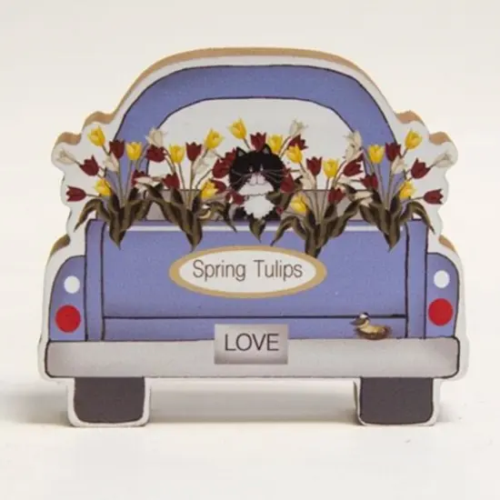 Blue Wood Spring Tulips Truck Decor with Cat, Vintage Style and Tabletop Accent {1}