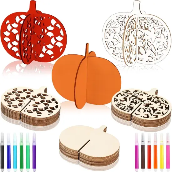 48 Pcs Fall Craft Set 36 Wood Pumpkin Crafts 3D Pumpkin Cutouts with 12 Colored Markers {1}