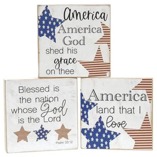 Patriotic Land That I Love Square Wood Block Sign Decor for Shelf or Table 3 Asstd. {1}