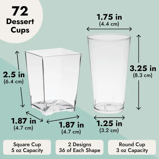 72 Pieces Assorted Dessert Cups for Appetizers, Snacks, Plastic Shot Glasses 3oz and 5oz, Cups for Anniversary, Wedding Reception, Baby Shower, Birthday Party (Serves 36) Clear {5}