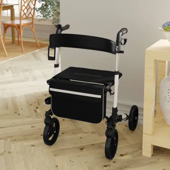 Emma and Oliver Ramsey Rollator Walker with Lightweight, Height-Adjust, Foldable Frame, Three-Setting Hand Brake System, 360&deg; Swivel White and Black {1}