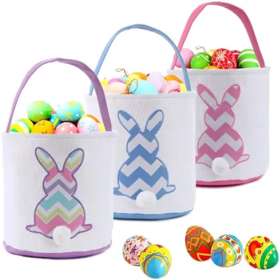 3 Pack Easter Bunny Baskets,Canvas Personalized Easter Bunny Baskets Bucket Tote Gifts Bags,Easter Egg Hunt Easter Party Favors Decoration Toys for Girls Boys (3 Pack) {1}