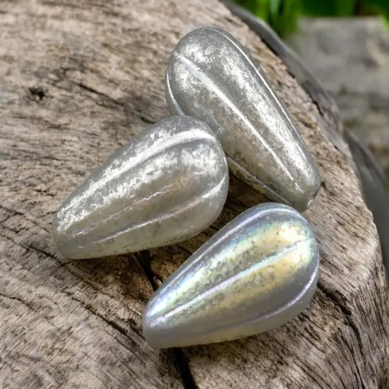 *6* 22x11mm Silver Mercury Washed Grey Opaline AB Melon Drop Beads {5}