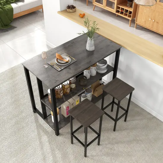 36 Inch 3-Tier Bar Table with Storage Metal Frame Adjustable Foot Pads for Dining Room Grey {2}