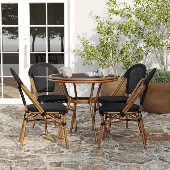 Merrick Lane Sacha Bistro Style Table with Glass Top, PE Rattan, 4 Stack Chairs, and Bamboo Finished Metal Frame for Indoor/Outdoor Use Black&White/Natural {9}