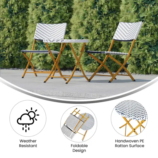 Emma and Oliver Ciel Three Piece Folding Bistro Set in PE Rattan with Metal Frames for Indoor and Outdoor Use Navy & White {4}