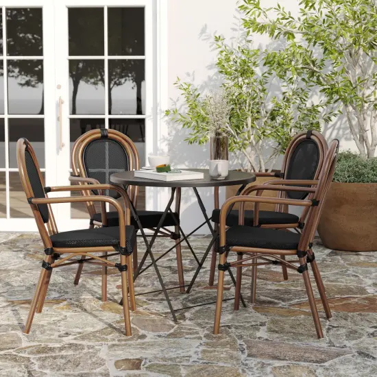 Merrick Lane Mael Set of Two Stacking Thonet Bistro Style Chair with Textilene Seat and Bamboo Finished Metal Frame for Indoor/Outdoor Use Black/Natural Frame {3}