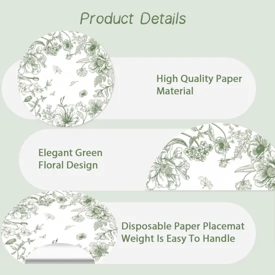 50 Pack Paper Placemats Disposable Green Floral Placemats 13.7 Inch Vintage Sage Green Flower Place Mats Chinoiserie Round Table Mats {2}