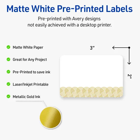 Avery Printable Rectangle Labels with Sure Feed Technology, Pre-Printed Gold Lace Trim Pattern, Matte White, 2" x 3", Laser & Inkjet Compatible, 80 Total, Great for Branding, Marketing, and Events {2}