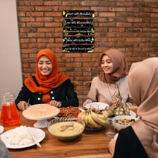 Islamic Wall Sign Eid Ramadan Mubarak Decorations Start and End with Allah Wall Art Allah Pediment Inspirational Wooden Hanging Muslim Plaque for Islamic Home Eid Al Fitr Supplies (Black) {4}