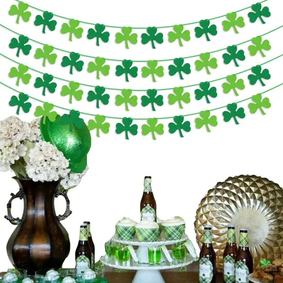 St Patricks Day Decorations 4PCS Felt Shamrock Garland Banner - NO DIY Shamrock Clover Garland Banner for St Patricks Day Decor - Dark Green Light Green for Irish Party Supplies {6}