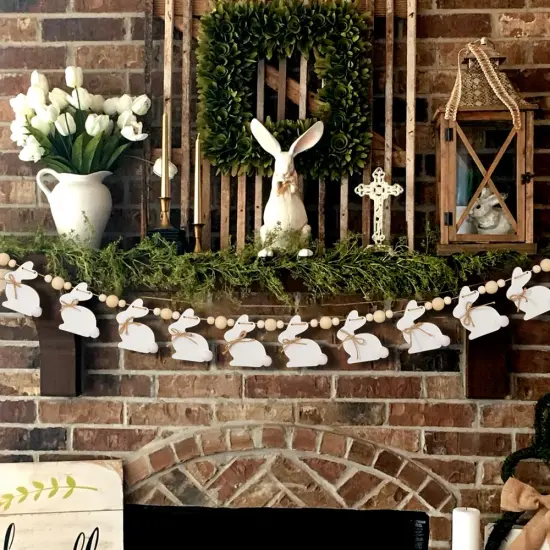 Bunny Chorus Easter Decorations Garlands, Cute Easter Bunny with Wooden Beads Garland, Rustic Easter Banner for Wall Home Indoor Outdoor Spring Decor Supplies {4}