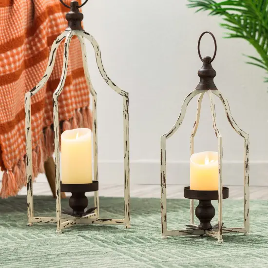 Set of 2 White Farmhouse Metal Decorative Lanterns Hanging Candle Holders Wedding Decor {10}