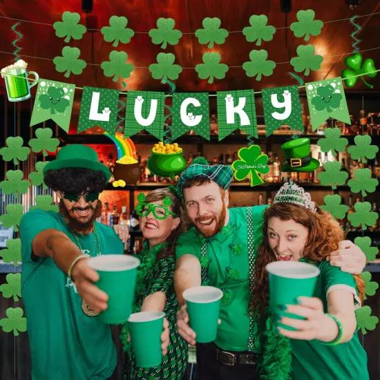 31Pcs St Patricks Day Decorations Pre-Assembled Shamrock Lucky Banner Garlands Clover Hanging Swirls Irish Decor for Home Saint Patrick Party Supplies {4}