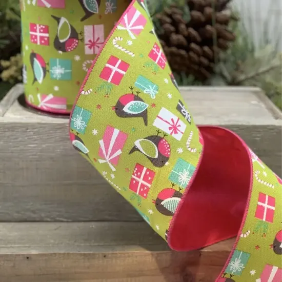 4" Faux Linen Bird Ribbon: Hot Pink & Green (10 Yards) {1}