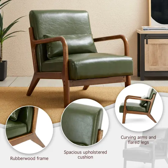 Set of 2 30.75"H Mid-Century Modern PU Leather Armchair Accent Chairs with Pillow Green {3}