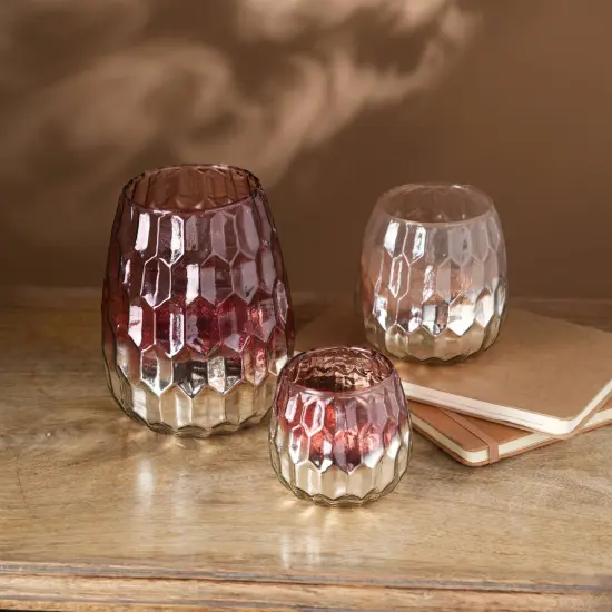 Honeycomb Ruby Lustre Glass Votive Candle Holder &ndash; Elegant Candle Stand for Warm Ambiance - 3.5 X 3.5 X 3.2" {1}