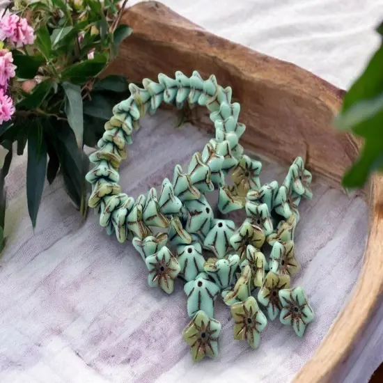 *25* 6x9mm Dark Bronze Washed Opaque Blended Turquoise Amber Bell Flower Beads {4}